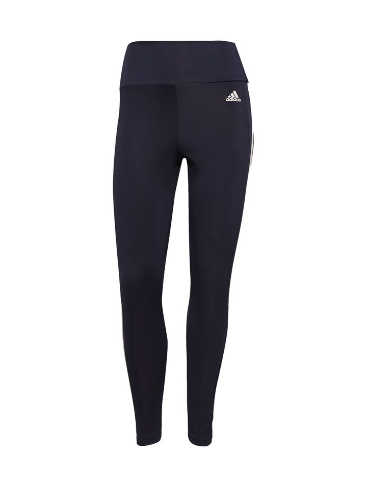 Leggings deportivos Adidas color azul marino con tres franjas blancas laterales y corte 7/8.
