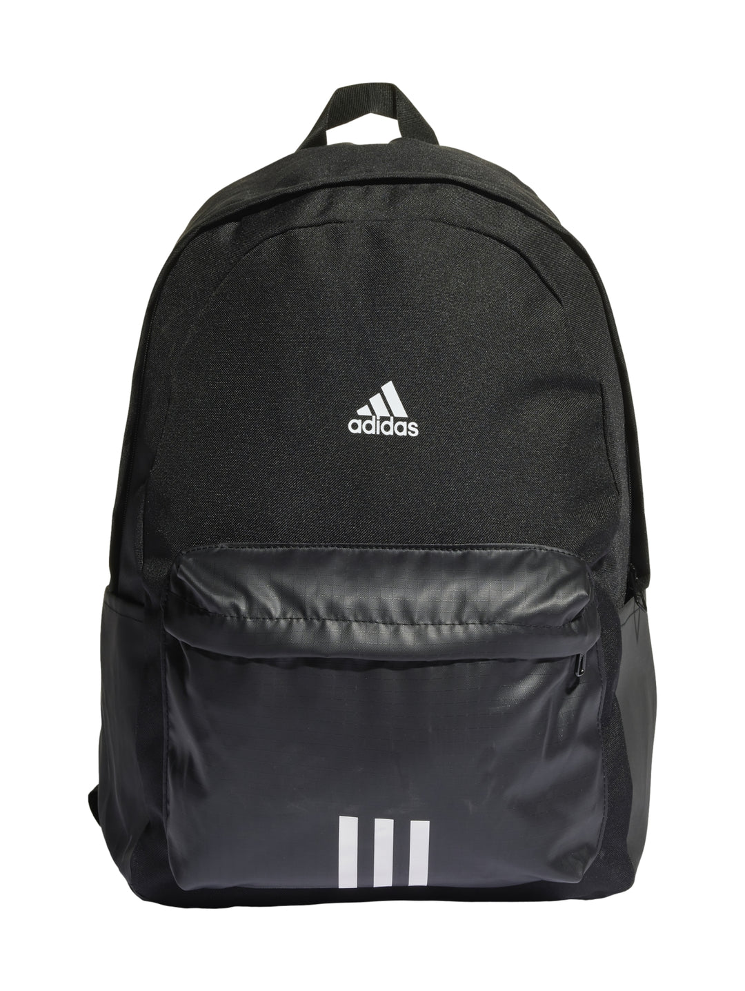 Mochila escolar Adidas de color negro con logotipo blanco y bolsillo frontal.