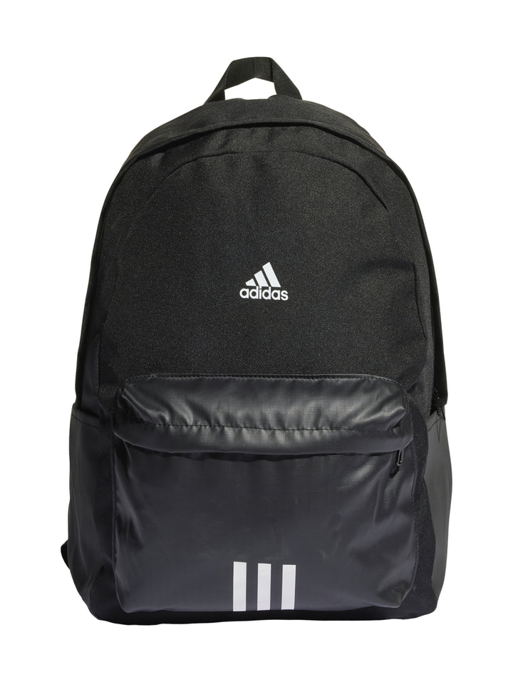 Mochila escolar Adidas de color negro con logotipo blanco y bolsillo frontal.