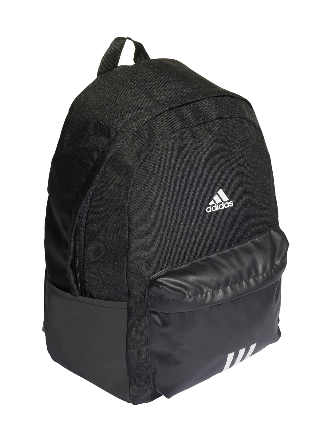 Mochila escolar Adidas de color negro con logotipo blanco y bolsillo frontal.