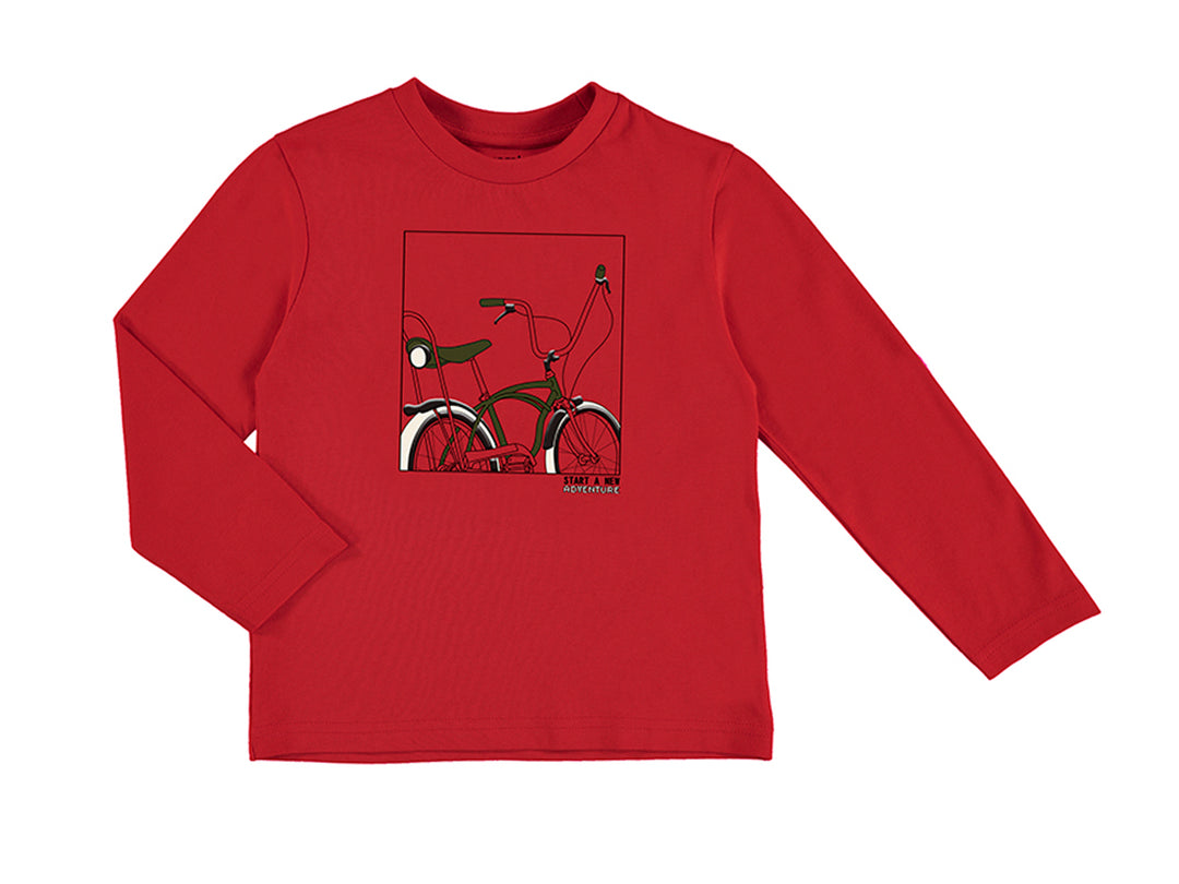 Camiseta roja de manga larga para niño con estampado de una bicicleta verde en el pecho.