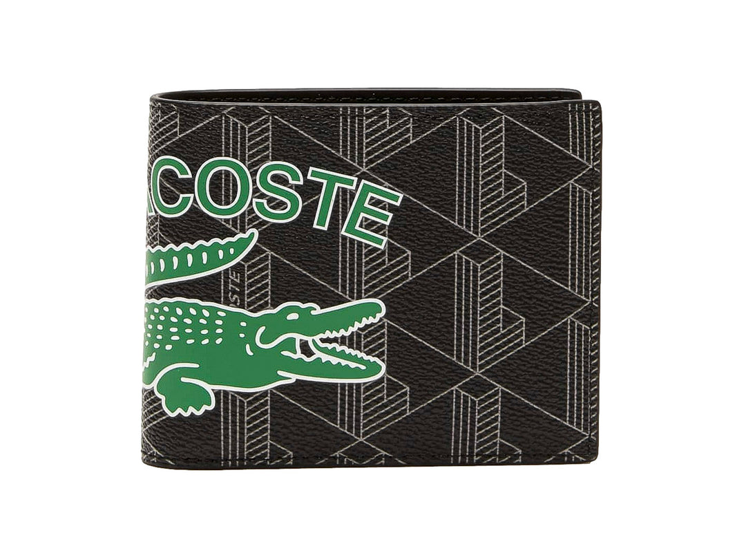 Cartera Lacoste color negro con estampado de monogramas en gris y logotipo del cocodrilo en verde.