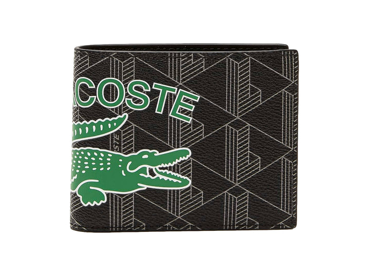 Cartera Lacoste color negro con estampado de monogramas en gris y logotipo del cocodrilo en verde.