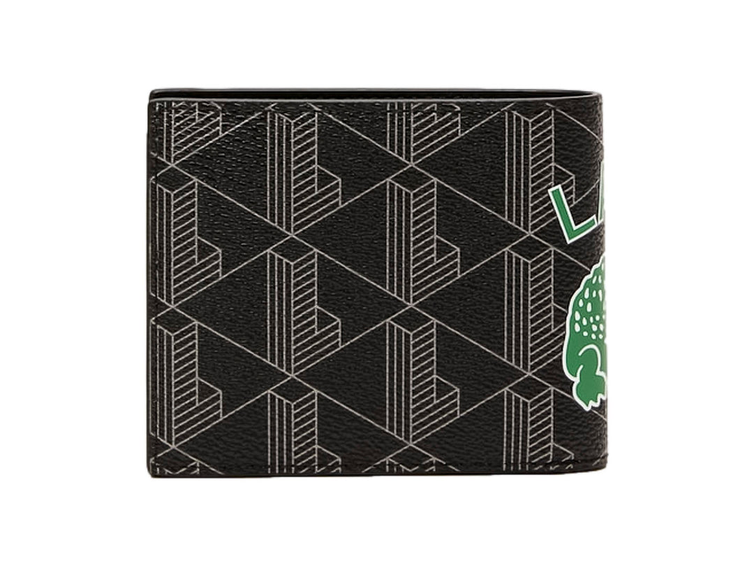 Cartera Lacoste color negro con estampado de monogramas en gris y logotipo del cocodrilo en verde.