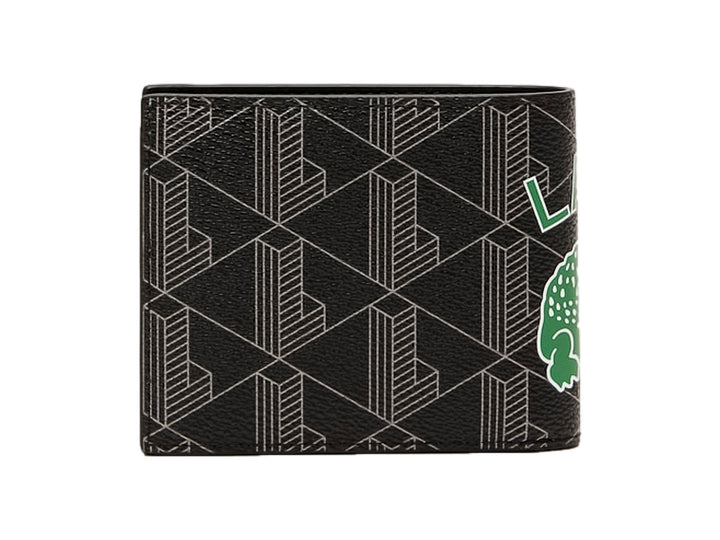 Cartera Lacoste color negro con estampado de monogramas en gris y logotipo del cocodrilo en verde.