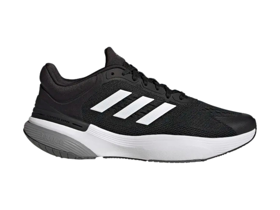 Tenis deportivos Adidas Response Super 3.0 color negro con suela blanca y gris.