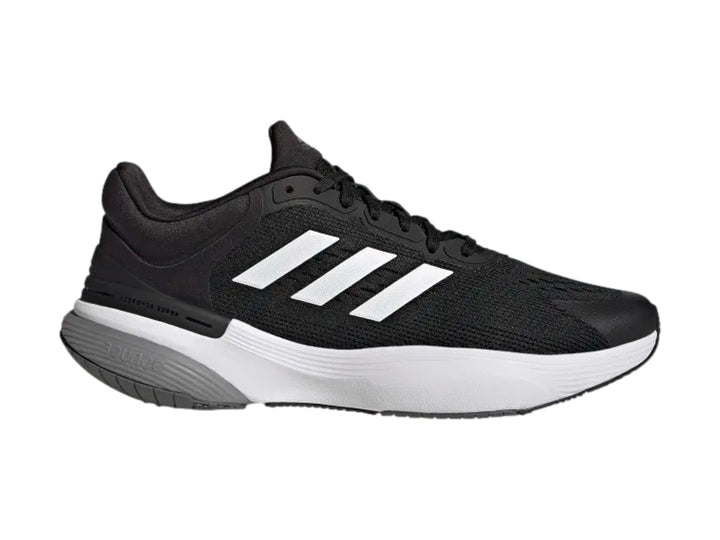Tenis deportivos Adidas Response Super 3.0 color negro con suela blanca y gris.