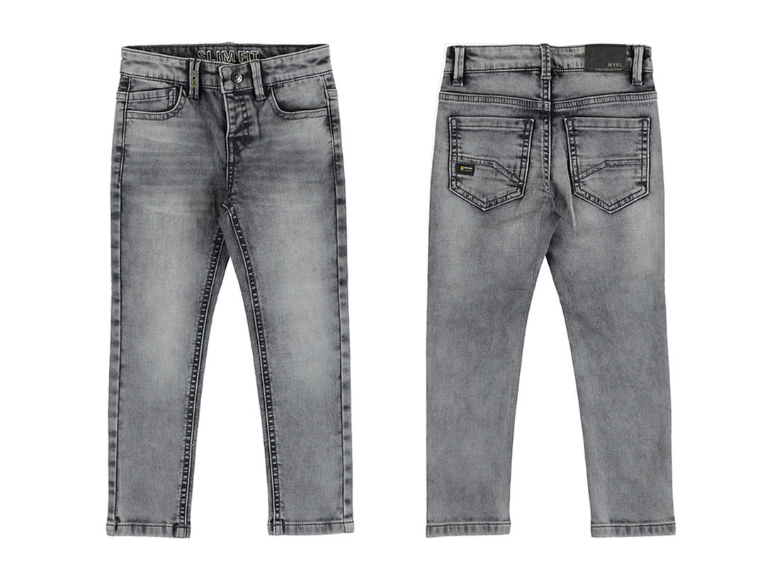 Pantalón de mezclilla gris para niño, vista frontal y posterior.