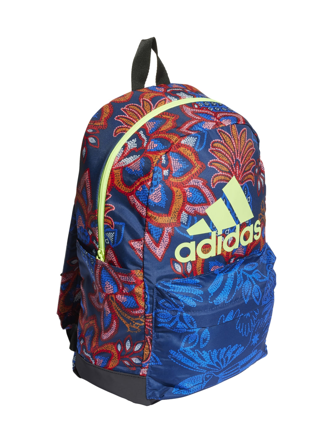 Mochila Adidas azul con estampado floral multicolor y logotipo amarillo en el frente.