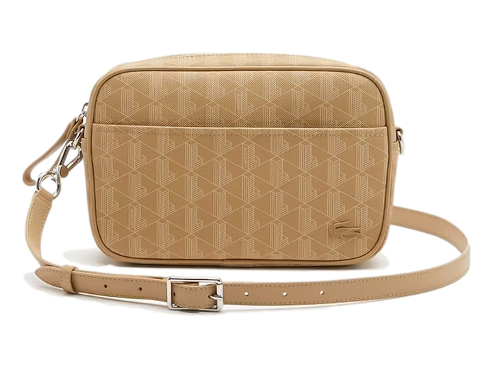 Bolso bandolera Lacoste color beige con estampado de monograma y correa ajustable.