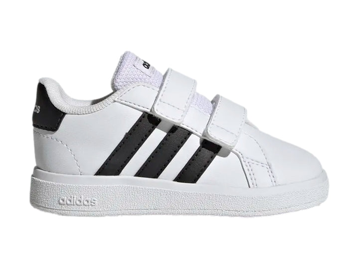 Tenis Adidas Grand Court 2.0 CF I en color blanco con tres franjas negras y cierre de velcro para niños.