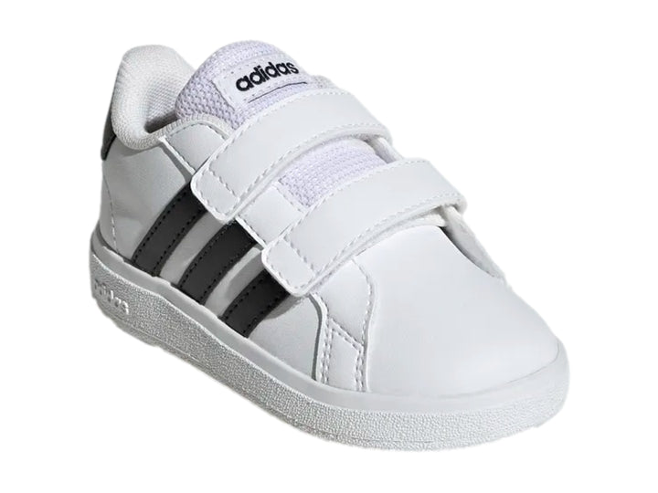 Tenis Adidas Grand Court 2.0 CF I en color blanco con tres franjas negras y cierre de velcro para niños.