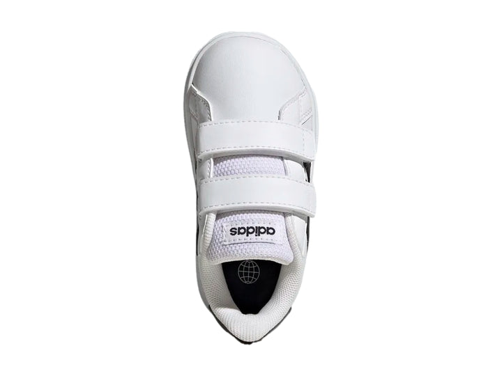 Tenis Adidas Grand Court 2.0 CF I en color blanco con tres franjas negras y cierre de velcro para niños.