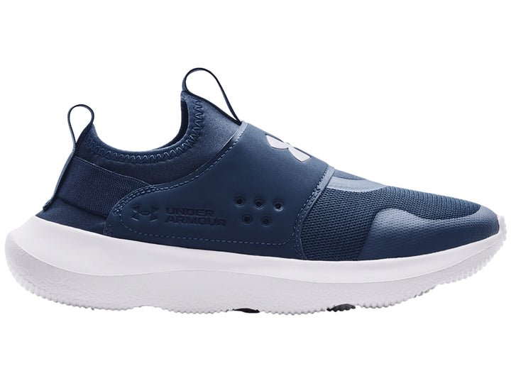 Tenis deportivos Under Armour UA Runplay color azul marino con suela blanca y diseño sin agujetas.