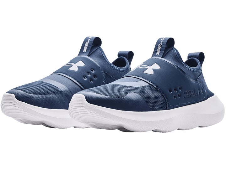 Tenis deportivos Under Armour UA Runplay color azul marino con suela blanca y diseño sin agujetas.