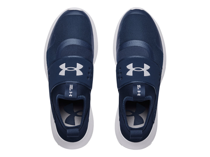 Tenis deportivos Under Armour UA Runplay color azul marino con suela blanca y diseño sin agujetas.