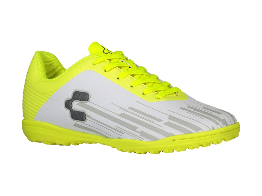 Zapato de fútbol Charly modelo 10 en colores blanco y amarillo fluorescente para superficie sintética.