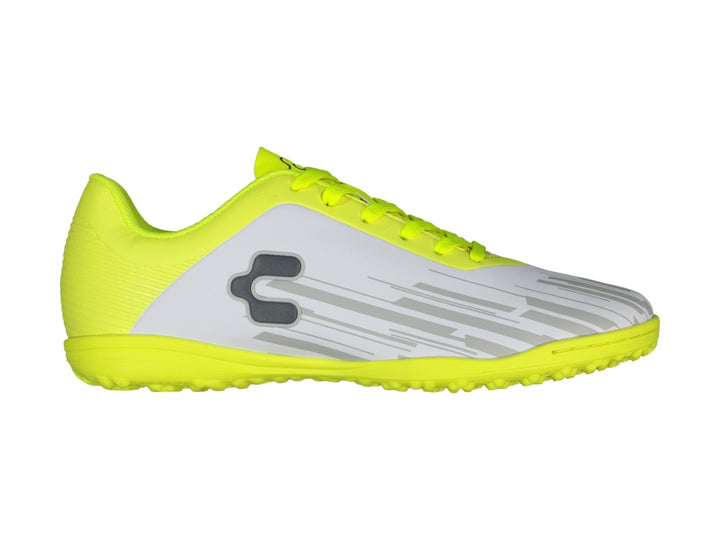 Zapato de fútbol Charly modelo 10 en colores blanco y amarillo fluorescente para superficie sintética.