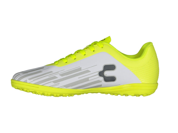 Zapato de fútbol Charly modelo 10 en colores blanco y amarillo fluorescente para superficie sintética.
