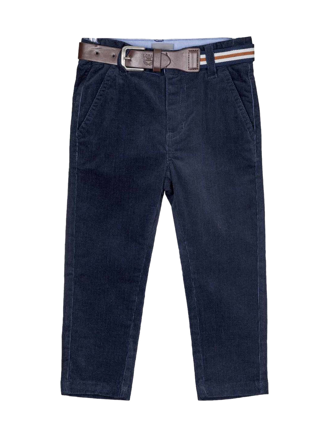 Pantalón azul marino de pana para niño con cinturón marrón incluido.