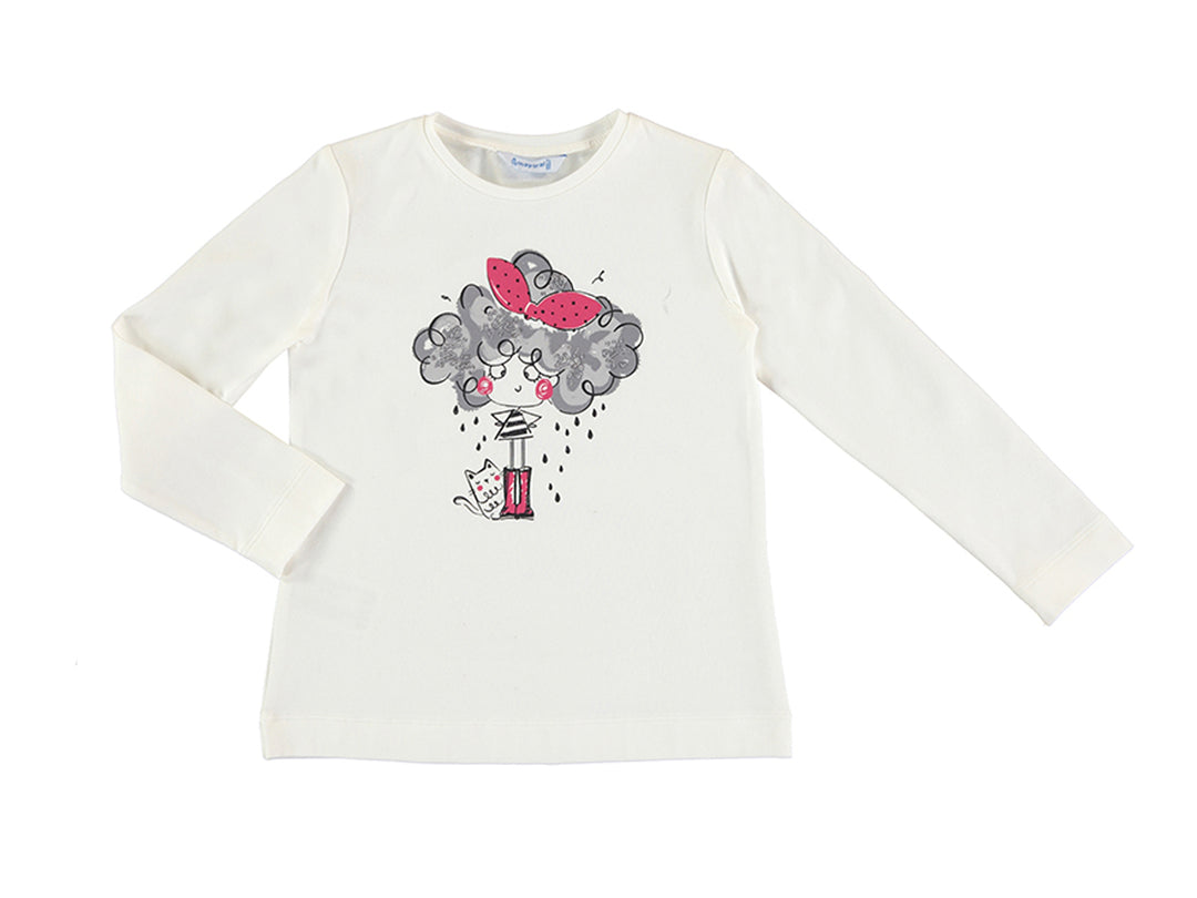 Camiseta de manga larga color crudo para niña con estampado frontal de una niña y fresas.