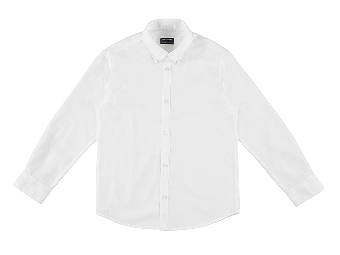 Camisa blanca de manga larga para niño con cuello y botones frontales.
