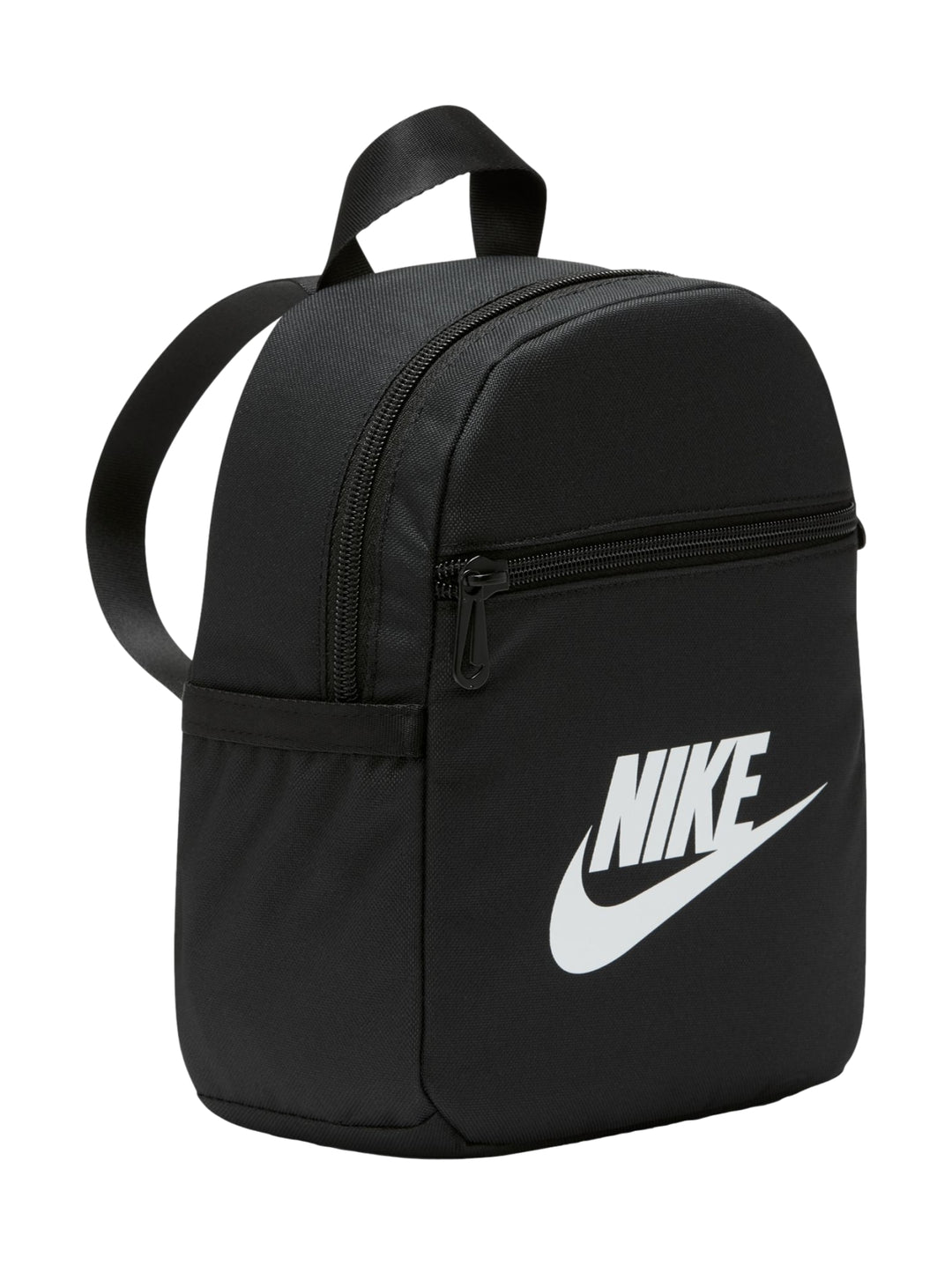 Mochila mini Nike de color negro con logotipo blanco en el frente y cierre frontal.