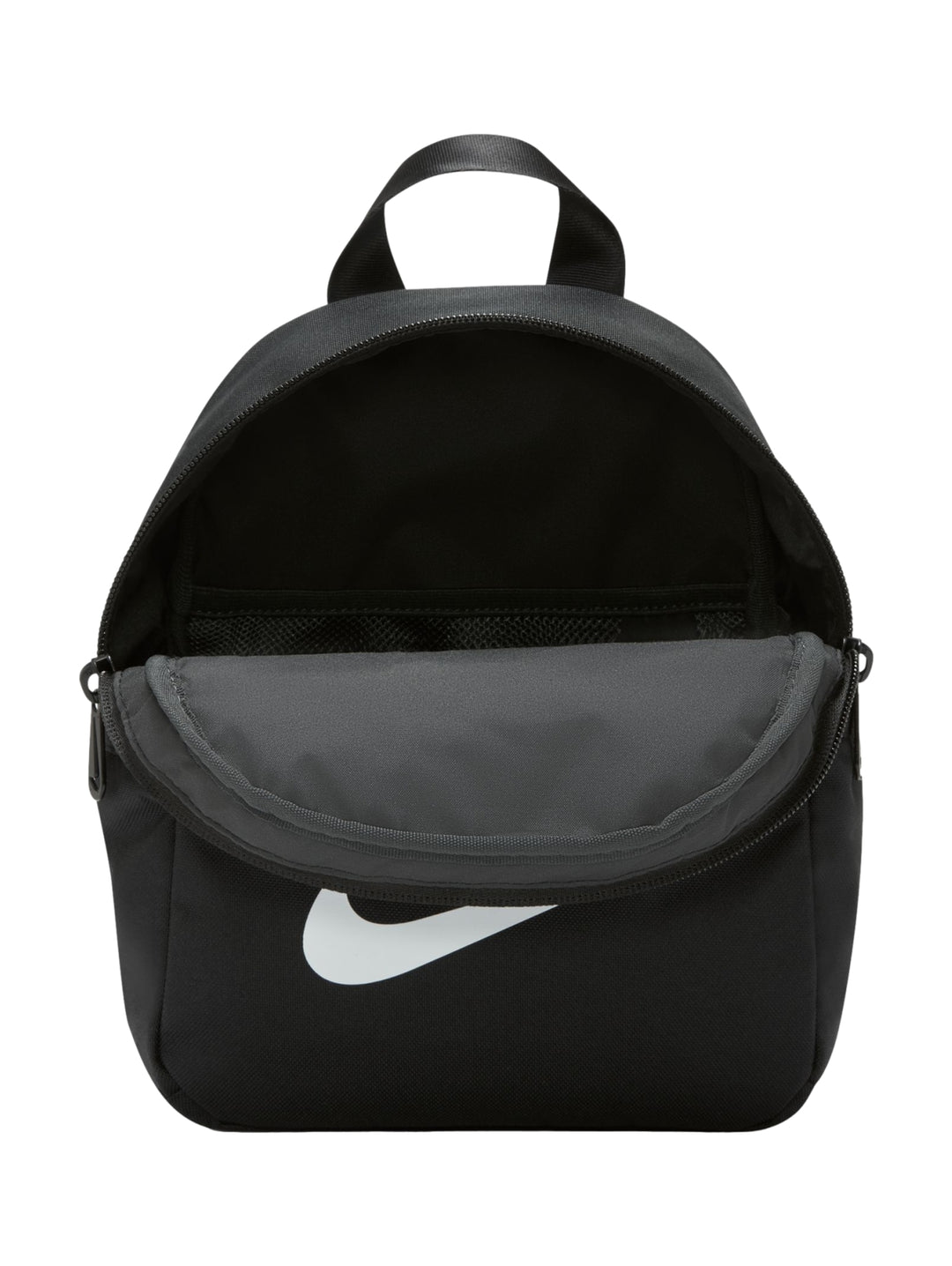 Mochila mini Nike de color negro con logotipo blanco en el frente y cierre frontal.