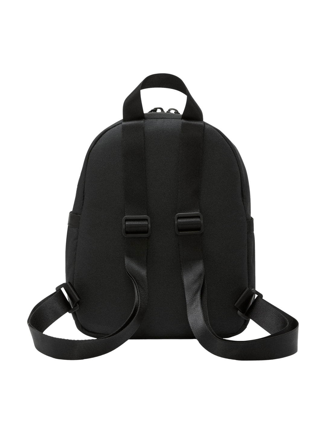 Mochila mini Nike de color negro con logotipo blanco en el frente y cierre frontal.