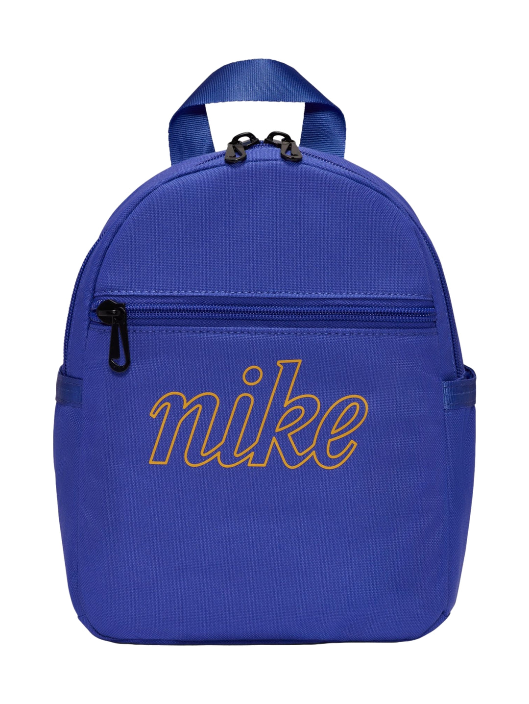 Mochila mini Nike de color azul con logotipo amarillo y detalles en negro.