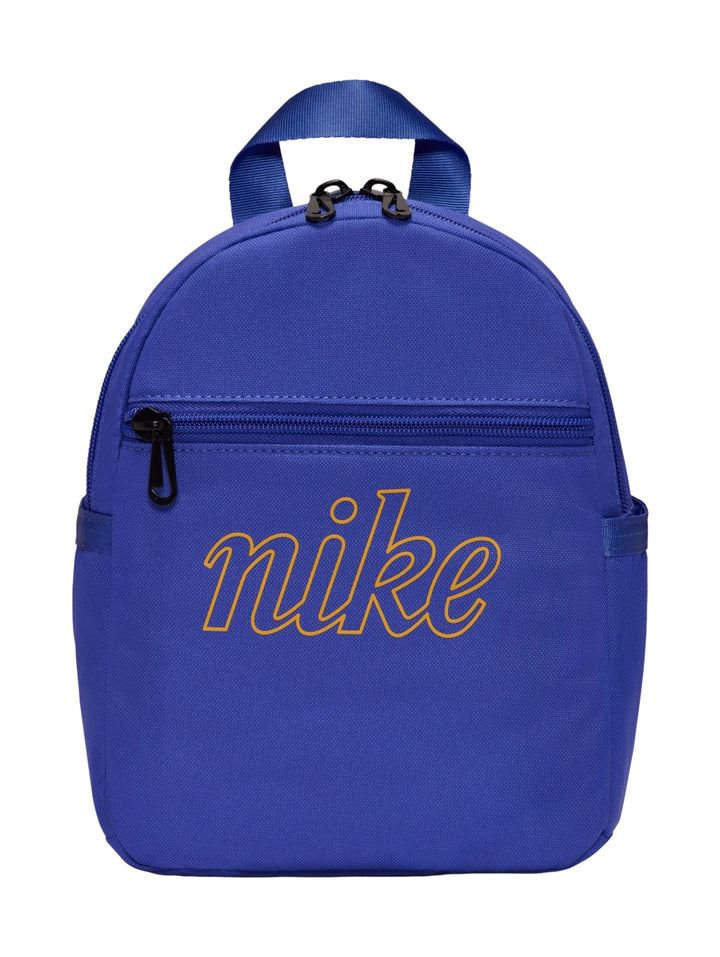 Mochila mini Nike de color azul con logotipo amarillo y detalles en negro.