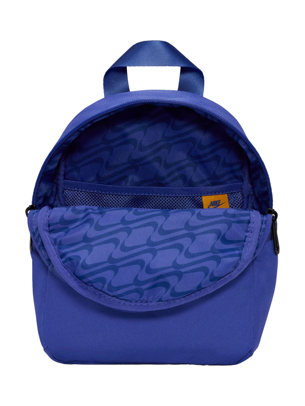 Mochila mini Nike de color azul con logotipo amarillo y detalles en negro.
