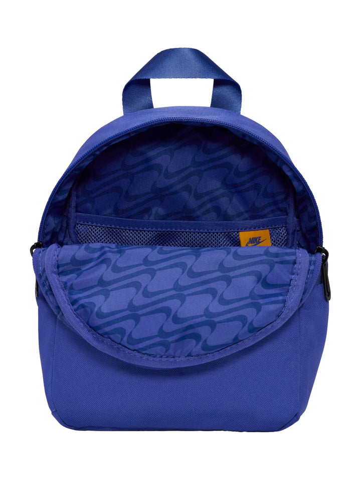 Mochila mini Nike de color azul con logotipo amarillo y detalles en negro.
