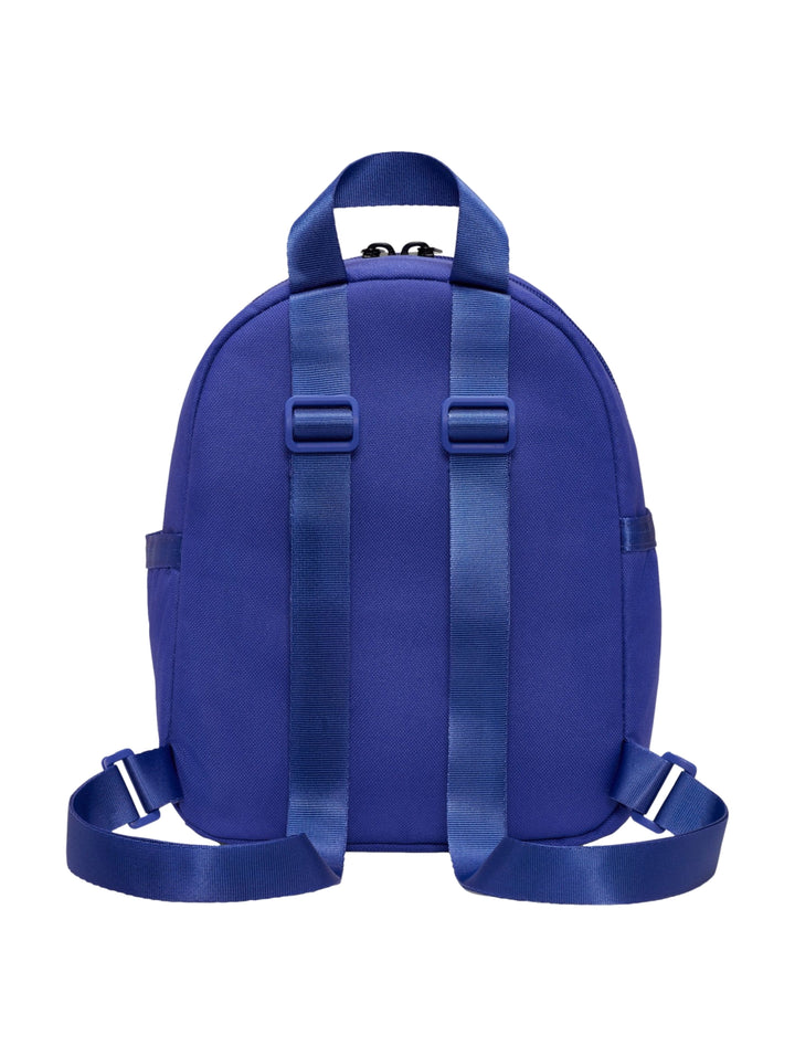 Mochila mini Nike de color azul con logotipo amarillo y detalles en negro.