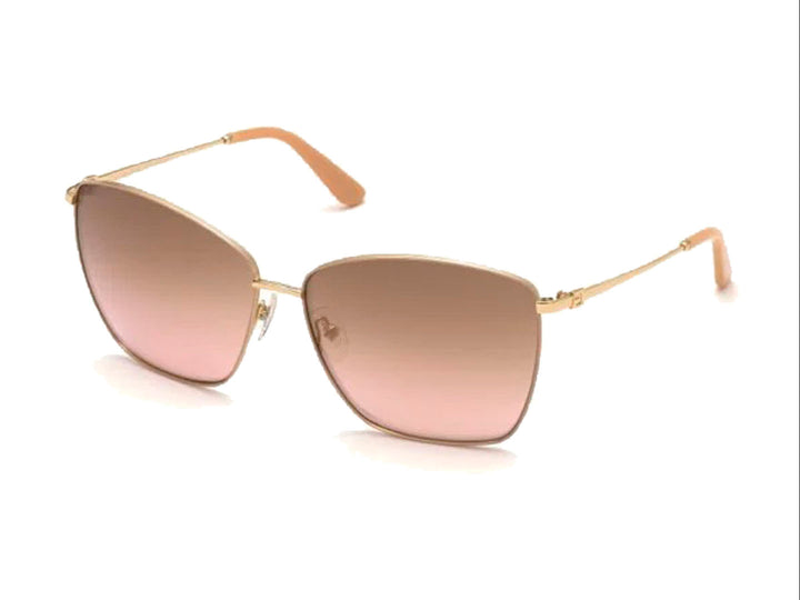 Lentes de sol Guess para mujer con montura metálica dorada y cristales cuadrados en tono marrón degradado.