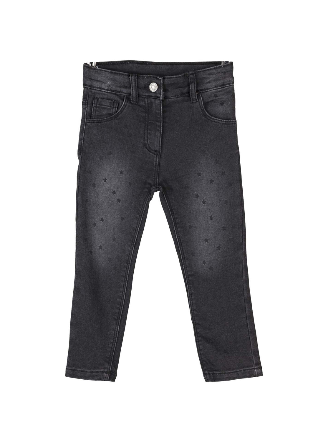 Leggings infantiles color gris medio con estampado de pequeñas estrellas y botón en la cintura.