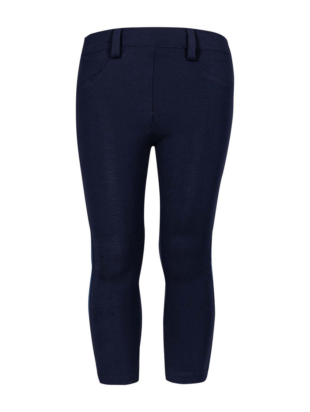 Leggings infantiles de color azul marino con efecto denim y cintura elástica.