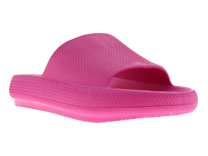 Sandalia deslizante de material EVA en color fucsia con textura rugosa y suela gruesa.