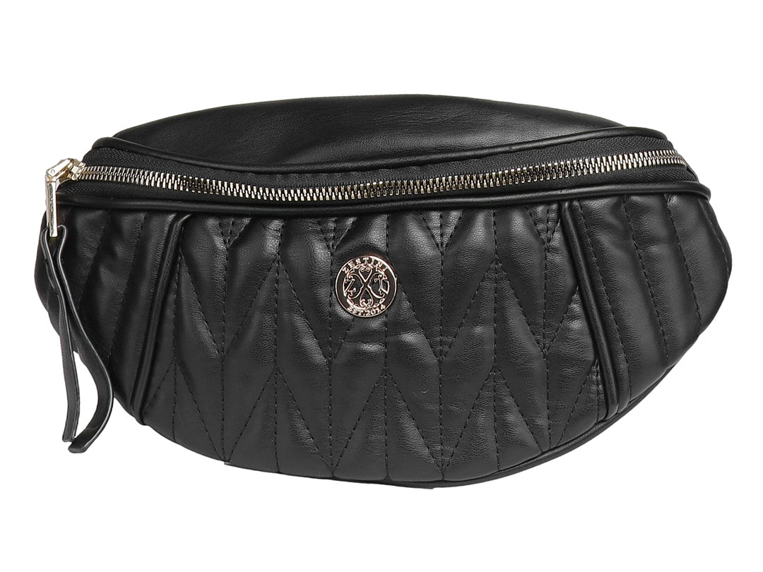 Bolso de hombro negro con diseño acolchado geométrico y cierre metálico dorado.