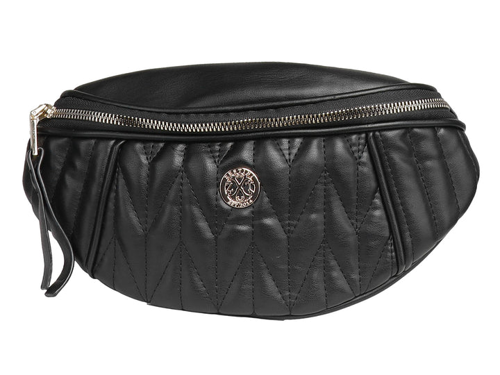 Bolso de hombro negro con diseño acolchado geométrico y cierre metálico dorado.