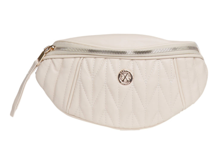 Cangurera blanca de la marca Felianna con textura acolchada en forma de V y detalles metálicos dorados.