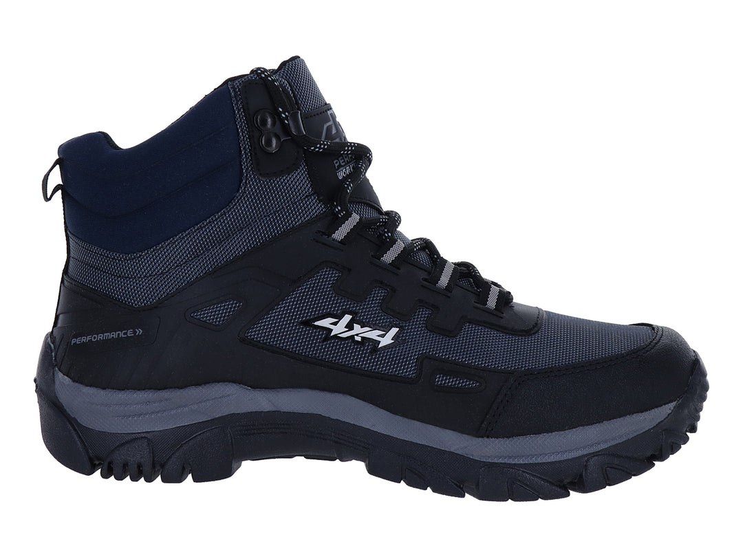 Bota 4X4 color marino y negro con suela robusta y ajuste de cordones.