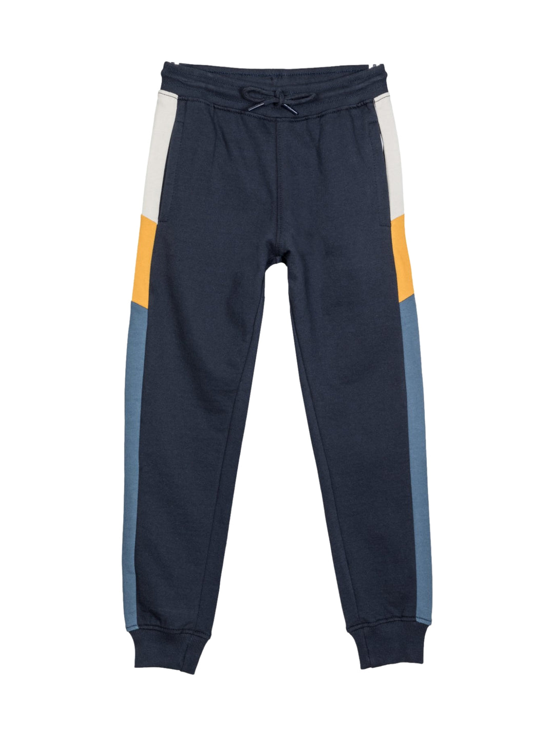 Pantalón jogger color marino para niños con franjas laterales en blanco, naranja y azul claro.