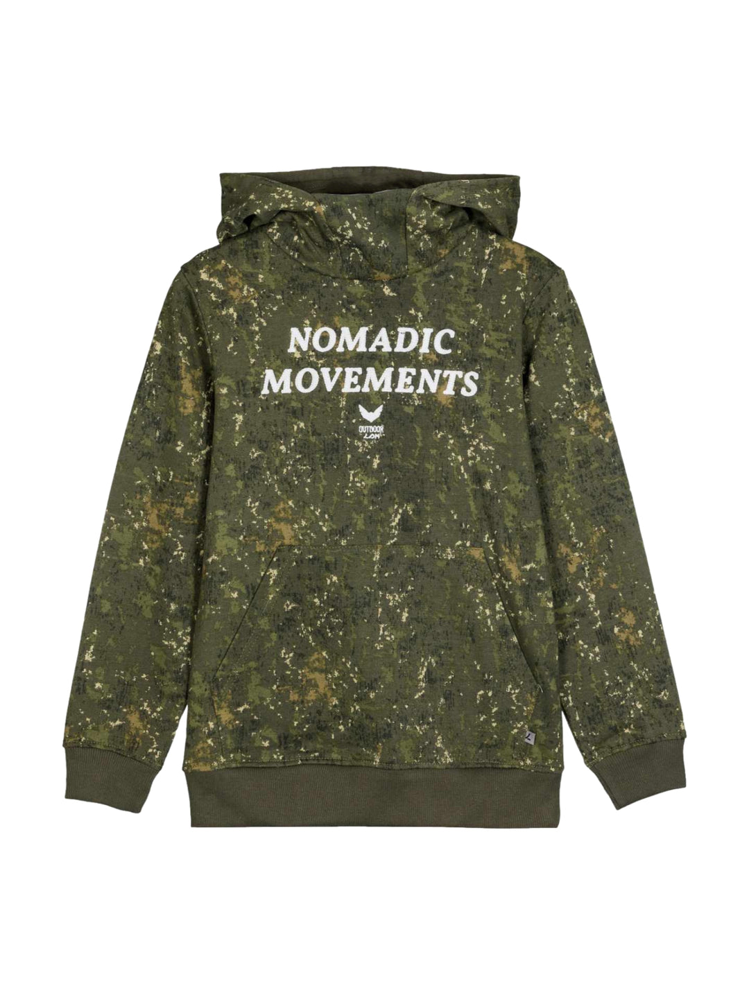 Sudadera con capucha para niño en color verde y tabaco con estampado camuflaje y texto blanco en el pecho.