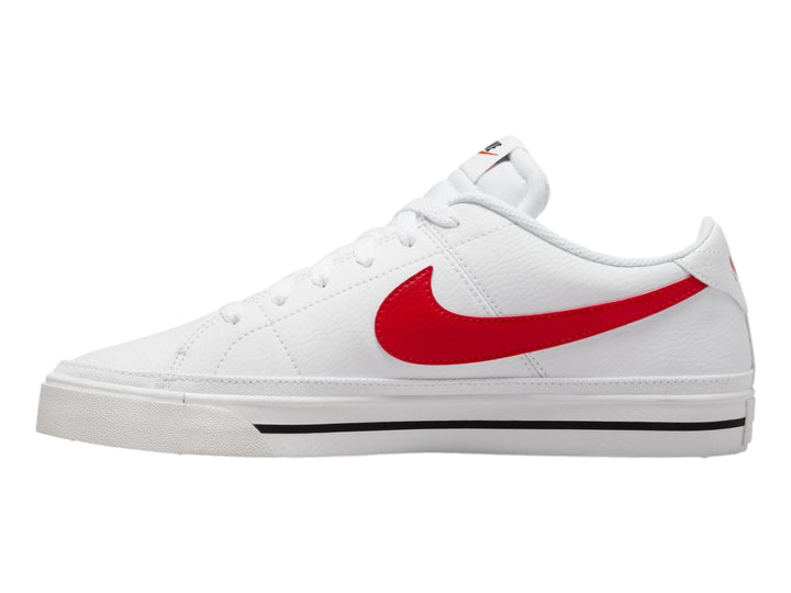 Tenis Nike blancos con logotipo rojo y una línea negra delgada en la suela.