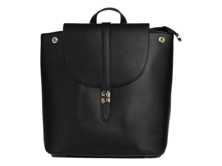 Mochila escolar color negro de material sintético con solapa frontal y detalles dorados.