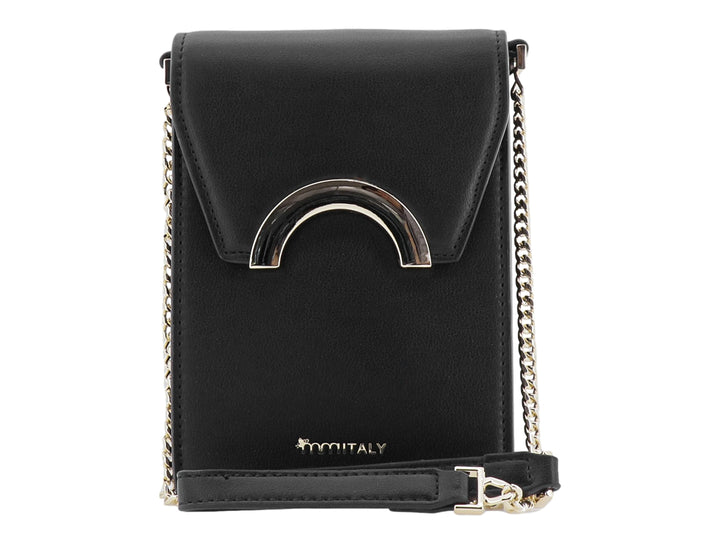 Bolso negro rectangular con correa de cadena dorada y detalle metálico semicircular.
