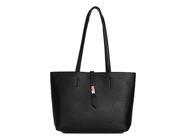 Bolsa tipo tote de color negro con asas largas y detalle metálico central.