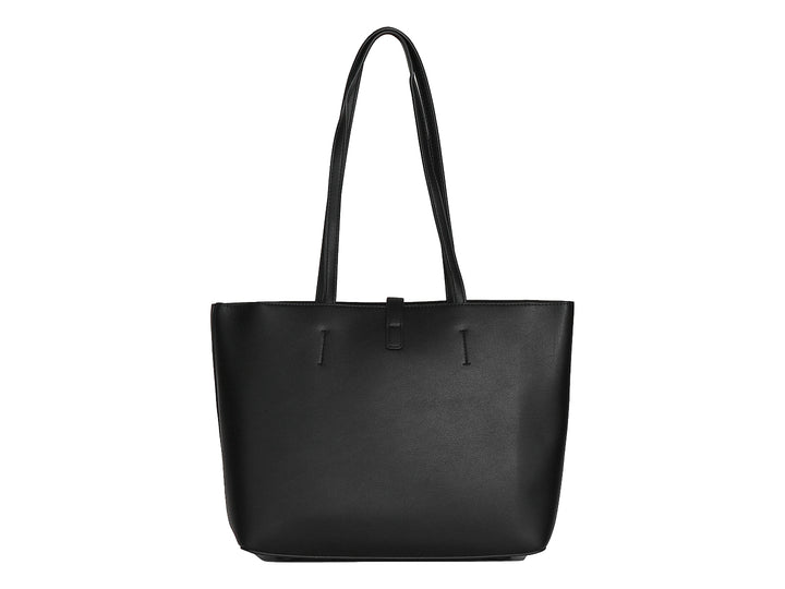Bolsa tipo tote de color negro con asas largas y detalle metálico central.