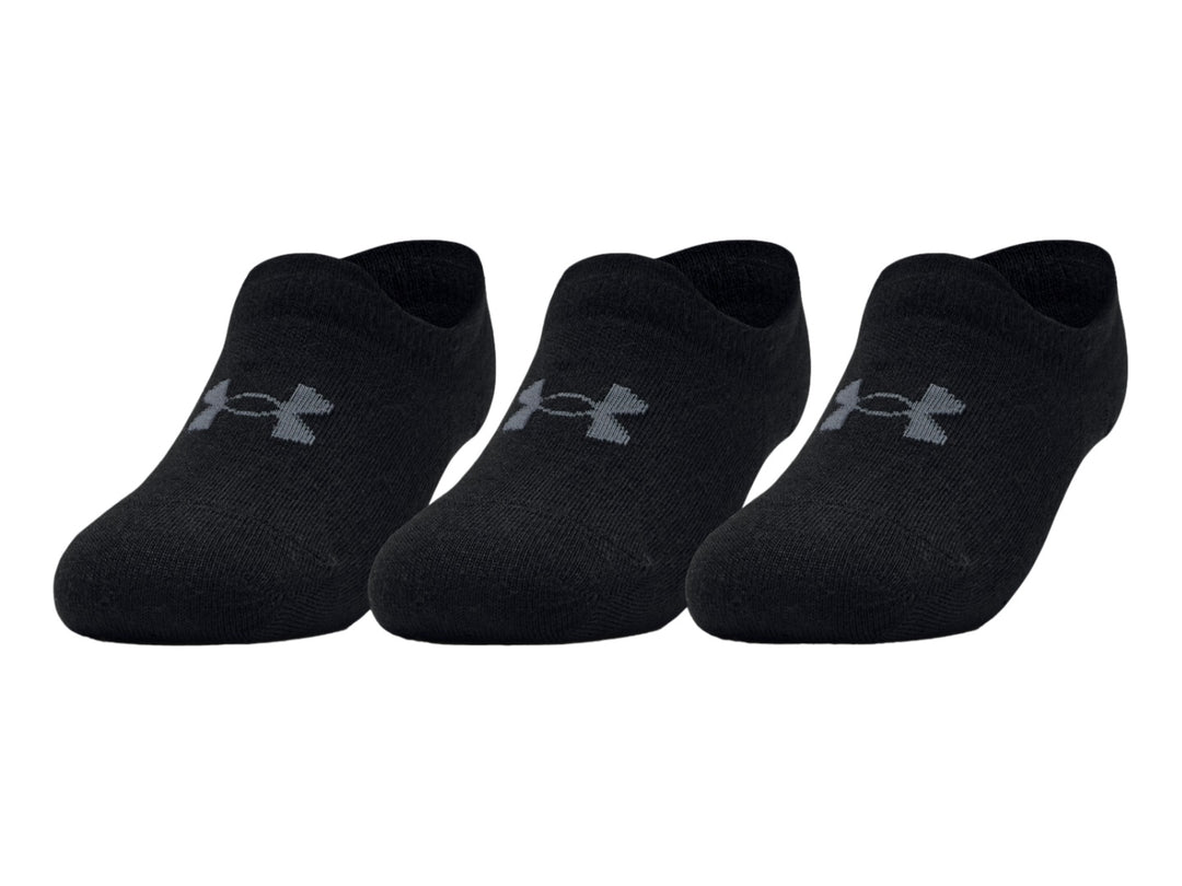 Paquete de tres pares de calcetines cortos Under Armour en color negro con logotipo gris en el empeine.